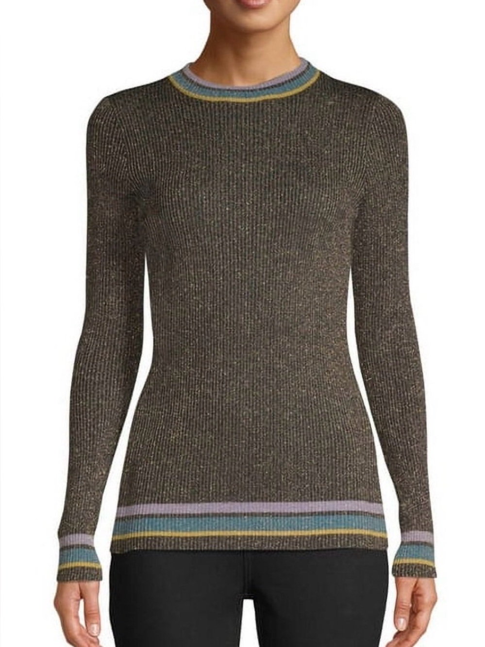 Sui by Anna Sui Women's Striped Trim Knit Long Sleeve Top